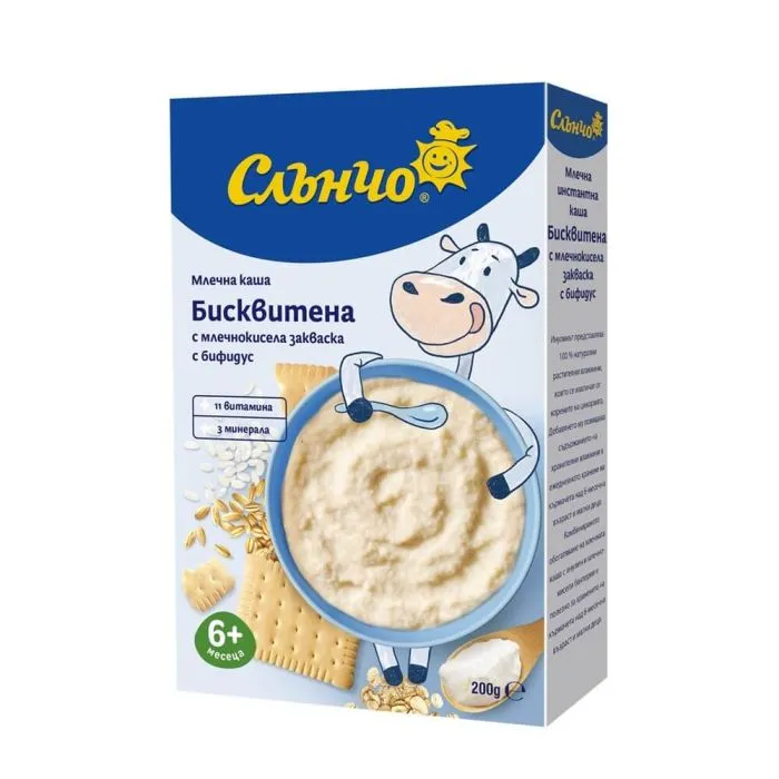 Слънчо Бебешка бисквитена каша с млечнокисела закваска с Бифидус 6+ 200 гр